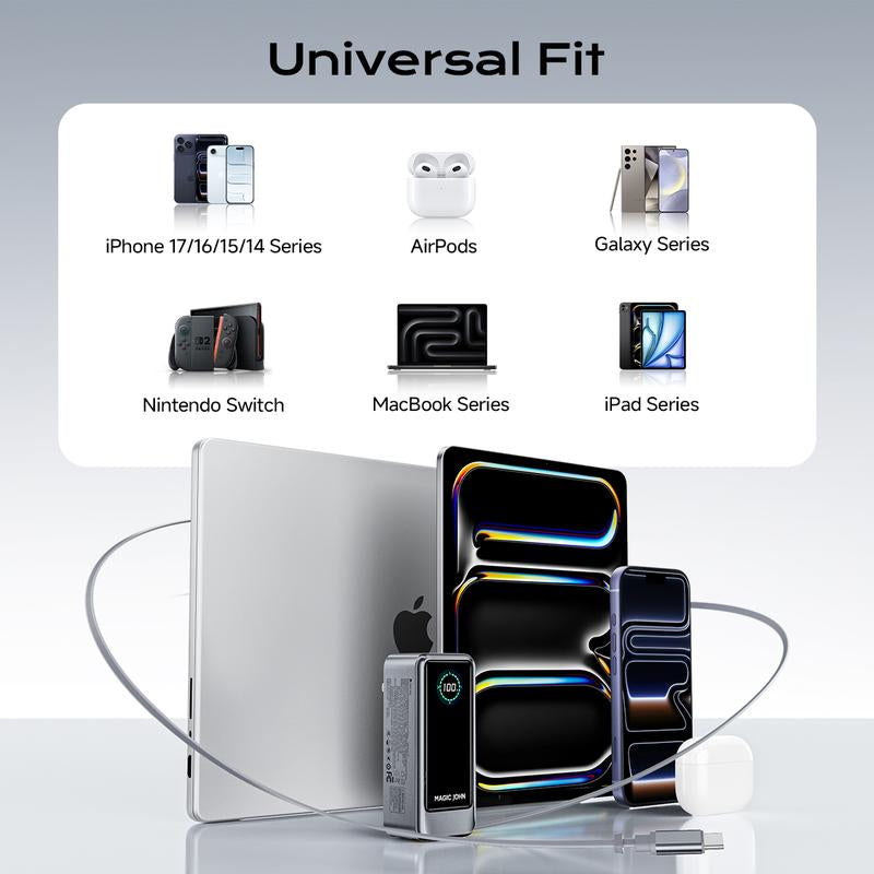 MAGIC JOHN High-Capacity 15,000mAh Portable Power Bank for Phones and Laptops, USB-C Output with Built-In 2.3ft Retractable Cable, Airline-Approved, Compatible with iPhone 17/16 Series, MacBook, Samsung, and More