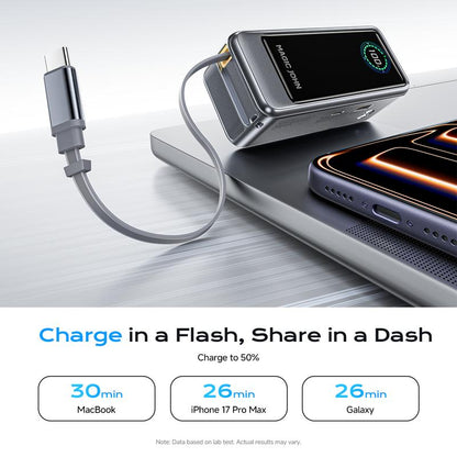 MAGIC JOHN High-Capacity 15,000mAh Portable Power Bank for Phones and Laptops, USB-C Output with Built-In 2.3ft Retractable Cable, Airline-Approved, Compatible with iPhone 17/16 Series, MacBook, Samsung, and More