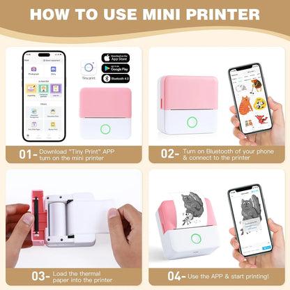 SLOK Thermal Mini Printer, Portable Inkless Bluetooth Sticker Maker with 10 Rolls Paper, Pink