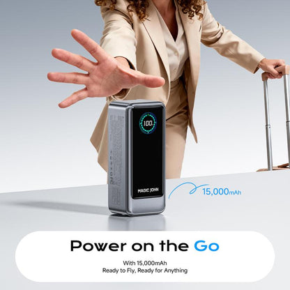 MAGIC JOHN High-Capacity 15,000mAh Portable Power Bank for Phones and Laptops, USB-C Output with Built-In 2.3ft Retractable Cable, Airline-Approved, Compatible with iPhone 17/16 Series, MacBook, Samsung, and More
