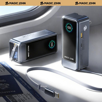 MAGIC JOHN High-Capacity 15,000mAh Portable Power Bank for Phones and Laptops, USB-C Output with Built-In 2.3ft Retractable Cable, Airline-Approved, Compatible with iPhone 17/16 Series, MacBook, Samsung, and More