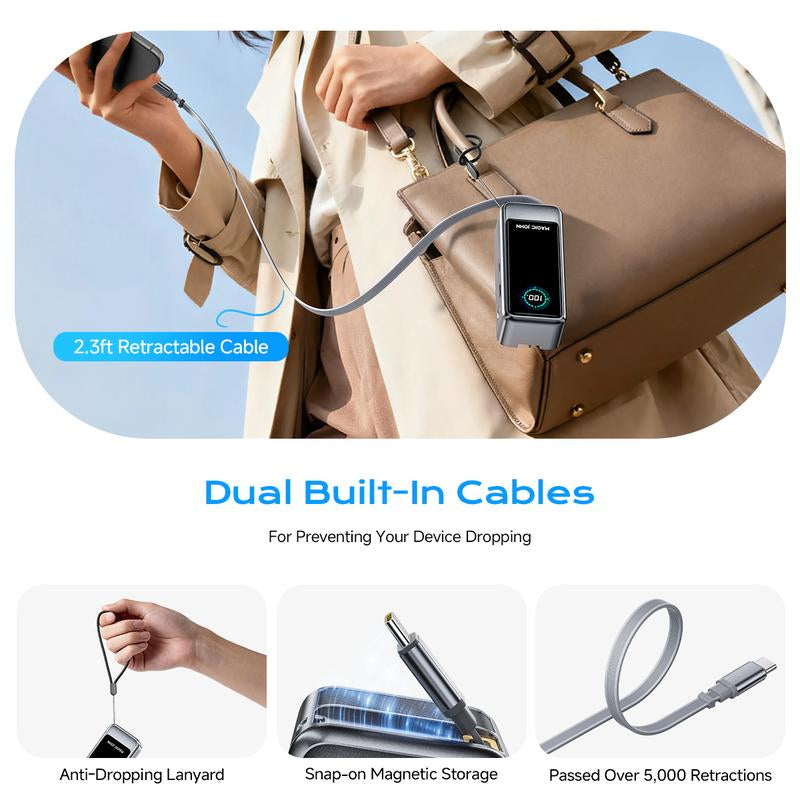 MAGIC JOHN High-Capacity 15,000mAh Portable Power Bank for Phones and Laptops, USB-C Output with Built-In 2.3ft Retractable Cable, Airline-Approved, Compatible with iPhone 17/16 Series, MacBook, Samsung, and More